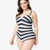 Barbieª x Unique Vintage Plus Size Black & White Chevron Stripe One Piece Bathing Suit