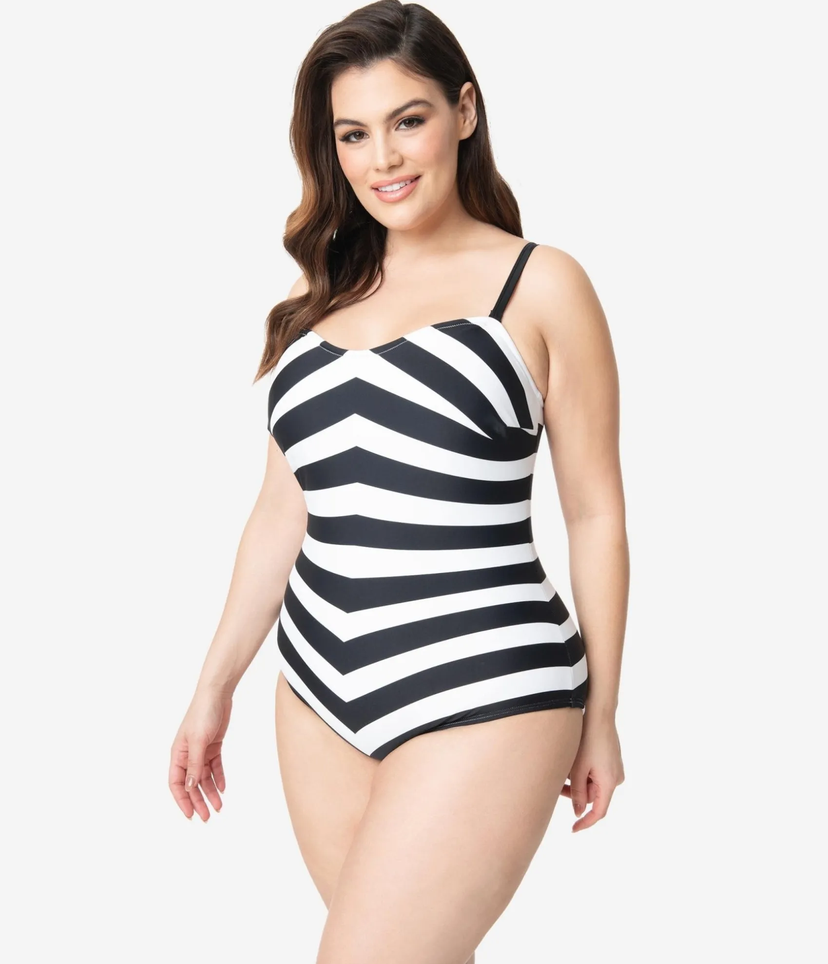 Barbieª x Unique Vintage Plus Size Black & White Chevron Stripe One Piece Bathing Suit
