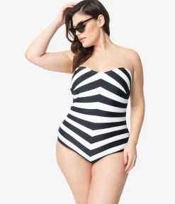 Barbieª x Unique Vintage Plus Size Black & White Chevron Stripe One Piece Bathing Suit