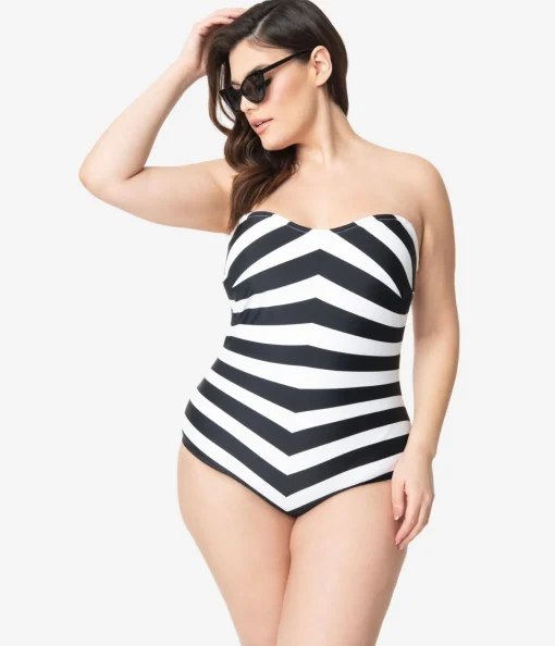 Barbieª x Unique Vintage Plus Size Black & White Chevron Stripe One Piece Bathing Suit