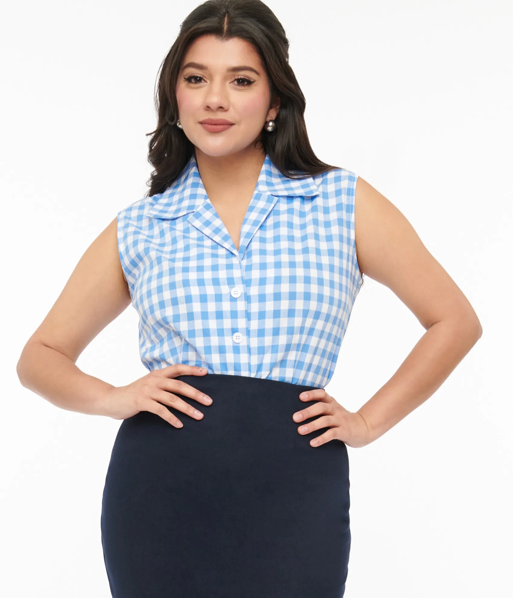 Barbie x Unique Vintage 1950s Blue & White Gingham Commuter Set Collar Blouse
