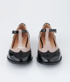 Beige & Black Patent Leatherette Oxford T-Strap Flats
