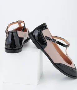 Beige & Black Patent Leatherette Oxford T-Strap Flats