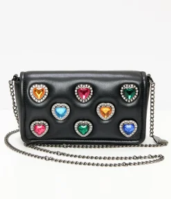 Betsey Johnson Black Leatherette Bejeweled Hearts Crossbody Bag