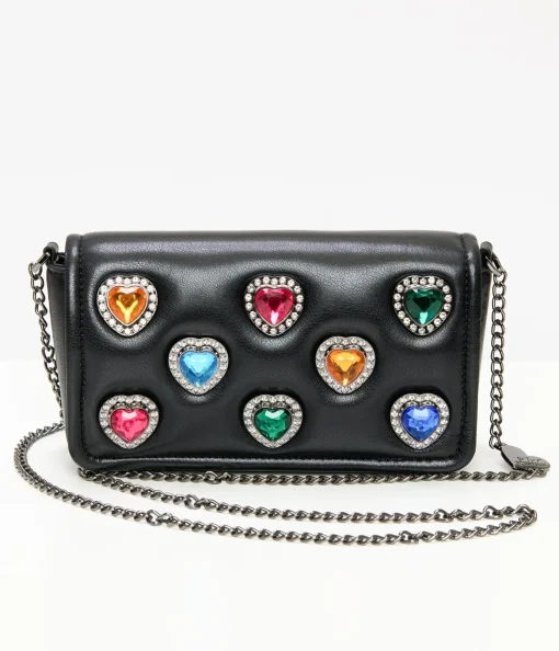 Betsey Johnson Black Leatherette Bejeweled Hearts Crossbody Bag
