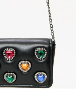 Betsey Johnson Black Leatherette Bejeweled Hearts Crossbody Bag