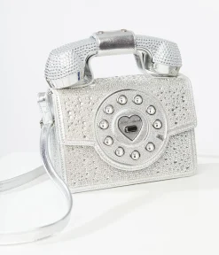 Betsey Johnson Silver Rhinestone Phone Handbag