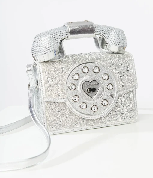 Betsey Johnson Silver Rhinestone Phone Handbag