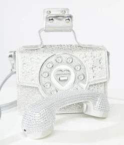 Betsey Johnson Silver Rhinestone Phone Handbag
