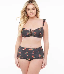 Black & Cherry Print Two Piece Swim Set