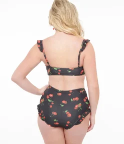 Black & Cherry Print Two Piece Swim Set