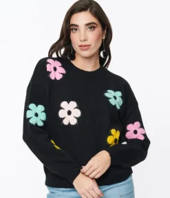 Black & Multicolor Floral Knit Sweater