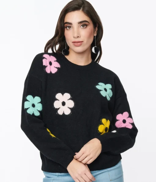 Black & Multicolor Floral Knit Sweater