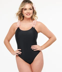 Black & Pink Flower One Piece Swimsuit