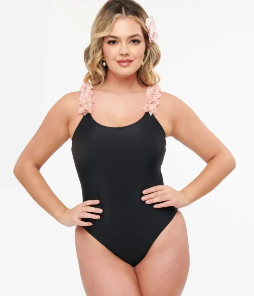 Black & Pink Flower One Piece Swimsuit