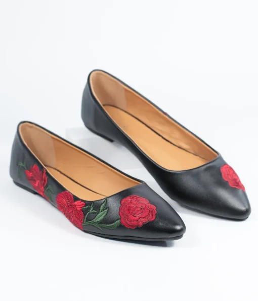 Black & Red Embroidered Florals Leatherette Flats
