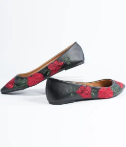 Black & Red Embroidered Florals Leatherette Flats