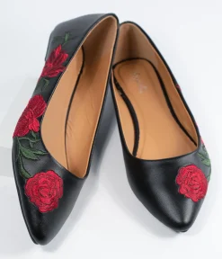 Black & Red Embroidered Florals Leatherette Flats