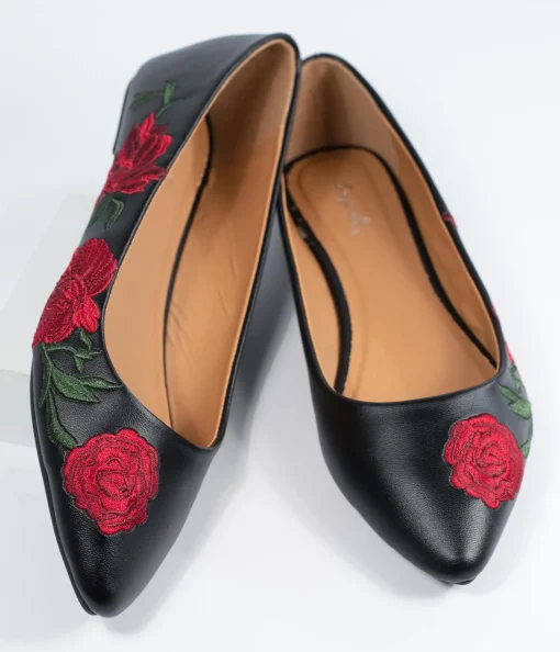 Black & Red Embroidered Florals Leatherette Flats
