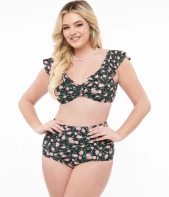 Black & Rose Print Two Piece Swim Set