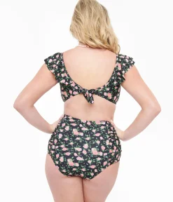 Black & Rose Print Two Piece Swim Set