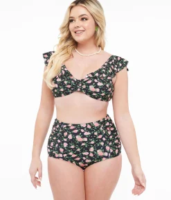Black & Rose Print Two Piece Swim Set