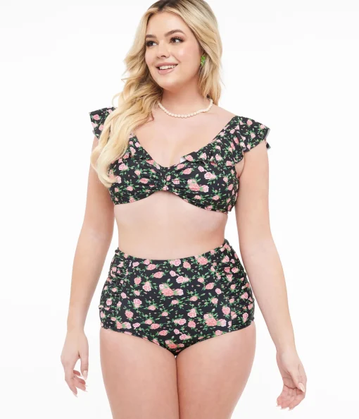 Black & Rose Print Two Piece Swim Set