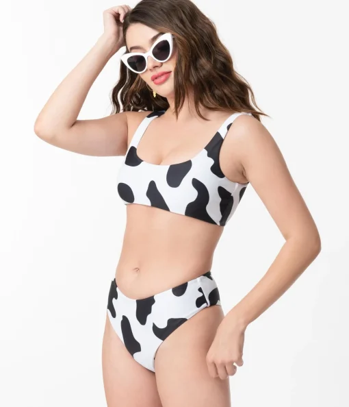 Black & White Cow Print Two Piece Swimsuit