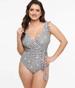 Black & White Daisy Gingham Wrap One Piece Swimsuit