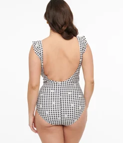Black & White Daisy Gingham Wrap One Piece Swimsuit