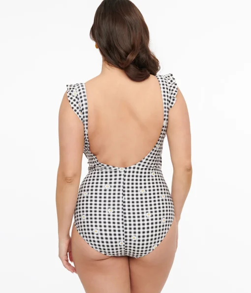 Black & White Daisy Gingham Wrap One Piece Swimsuit