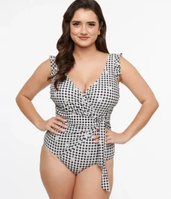 Black & White Daisy Gingham Wrap One Piece Swimsuit