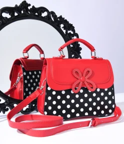 Black & White Dot & Red Accented Leatherette Handbag