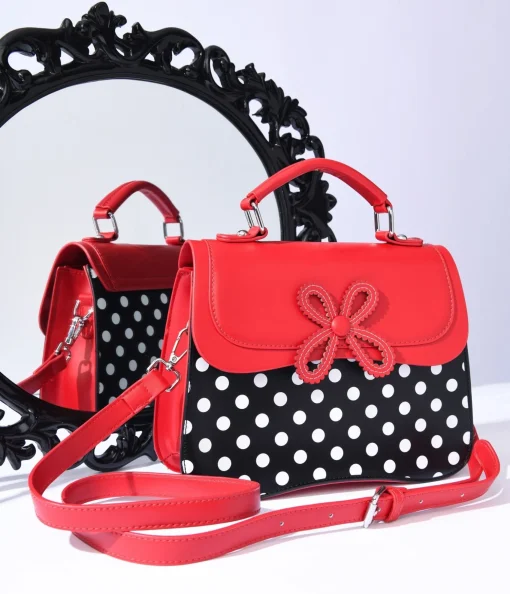 Black & White Dot & Red Accented Leatherette Handbag