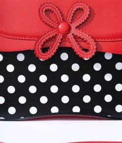 Black & White Dot & Red Accented Leatherette Handbag