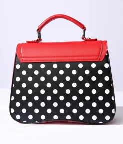 Black & White Dot & Red Accented Leatherette Handbag