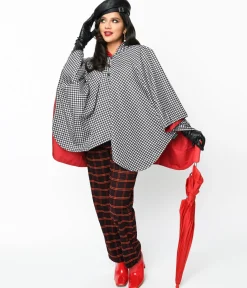 Black & White Houndstooth Hooded Cape Coat