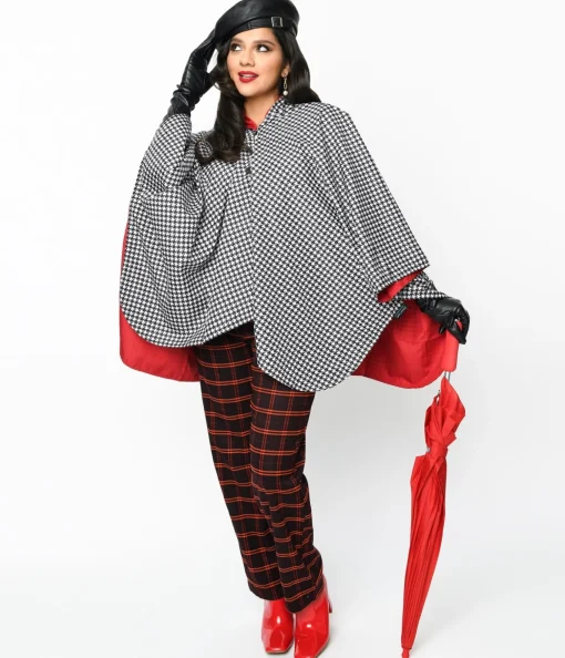 Black & White Houndstooth Hooded Cape Coat