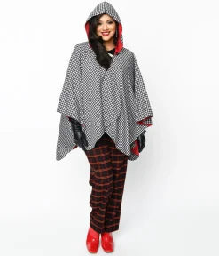 Black & White Houndstooth Hooded Cape Coat