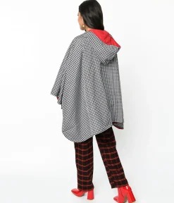 Black & White Houndstooth Hooded Cape Coat