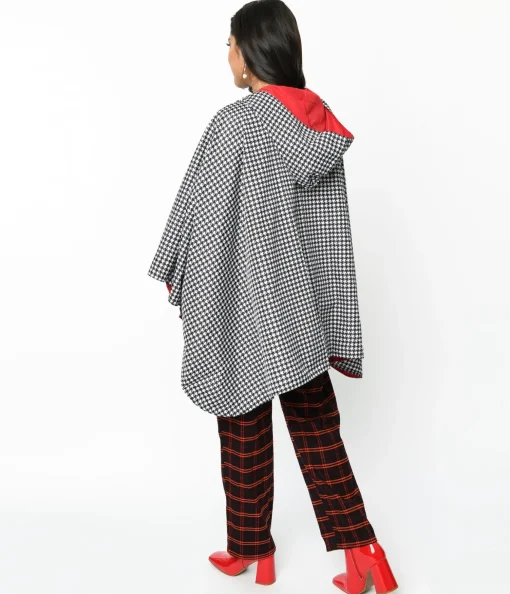 Black & White Houndstooth Hooded Cape Coat