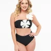Black & White One Shoulder Flower Two Piece Swim Set