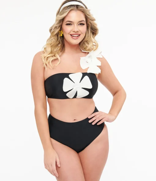Black & White One Shoulder Flower Two Piece Swim Set