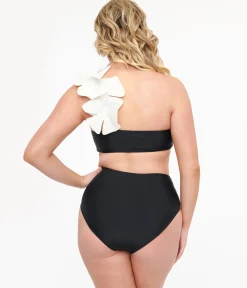 Black & White One Shoulder Flower Two Piece Swim Set
