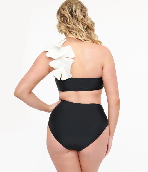 Black & White One Shoulder Flower Two Piece Swim Set