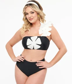 Black & White One Shoulder Flower Two Piece Swim Set