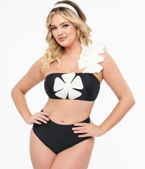 Black & White One Shoulder Flower Two Piece Swim Set
