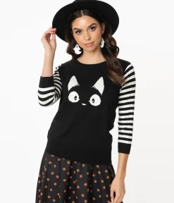 Black & White Stripe Knit Kitty Sweater