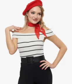 Black & White Stripe Off The Shoulder Knit Top