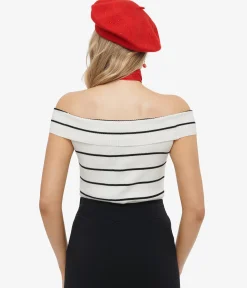 Black & White Stripe Off The Shoulder Knit Top